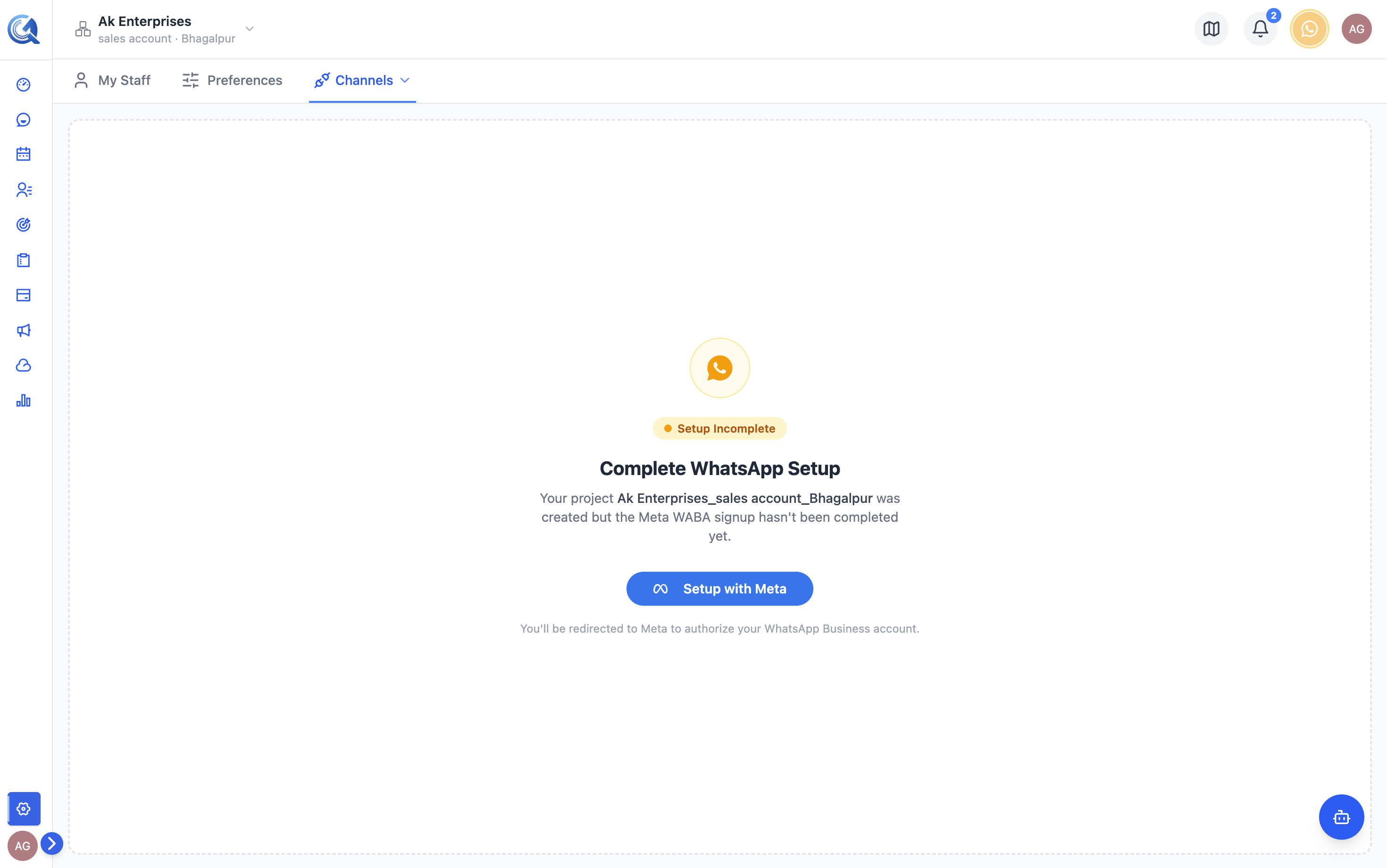 WhatsApp channel page with the three-step onboarding wizard visible