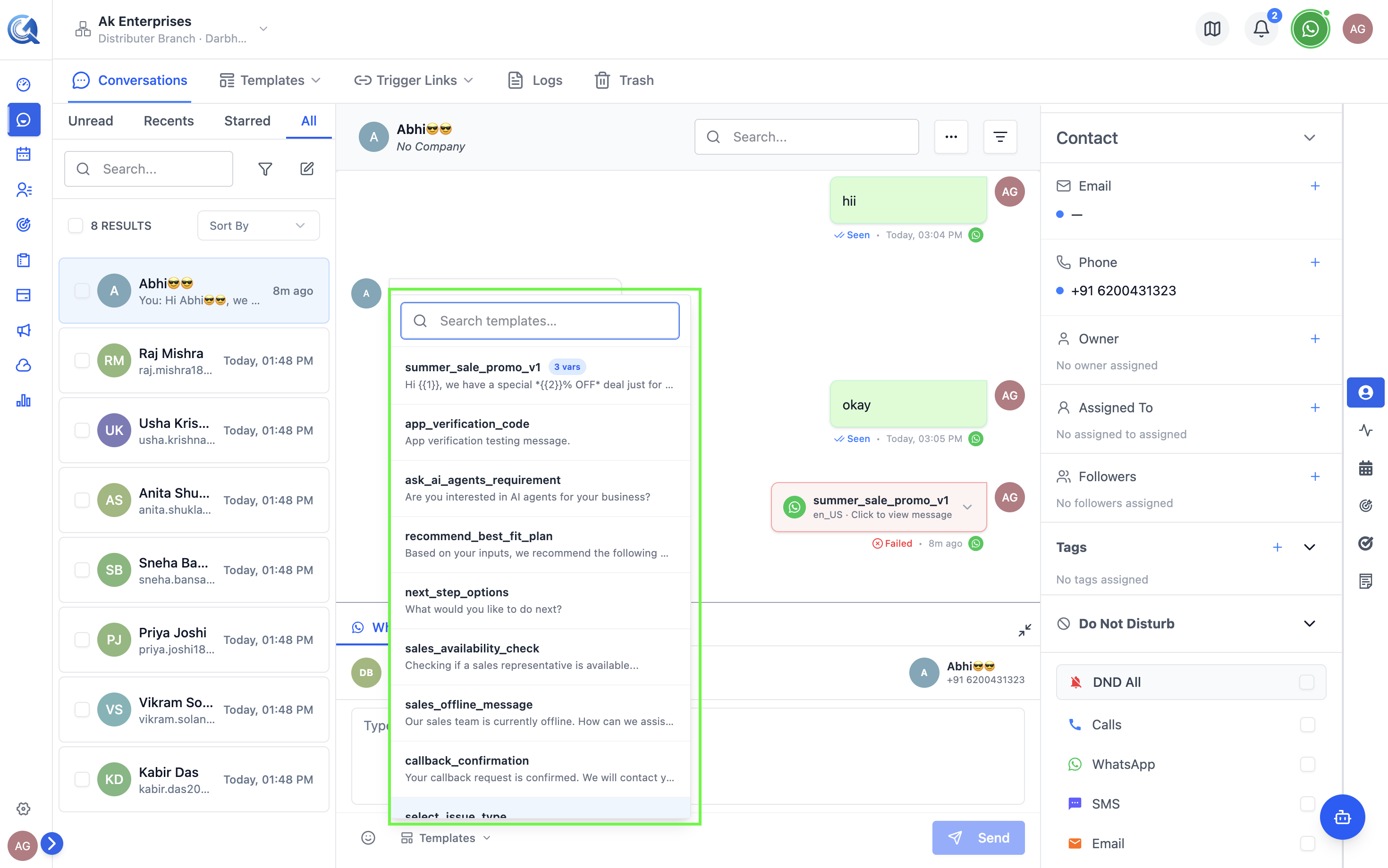 Template picker with search bar and a list of approved templates