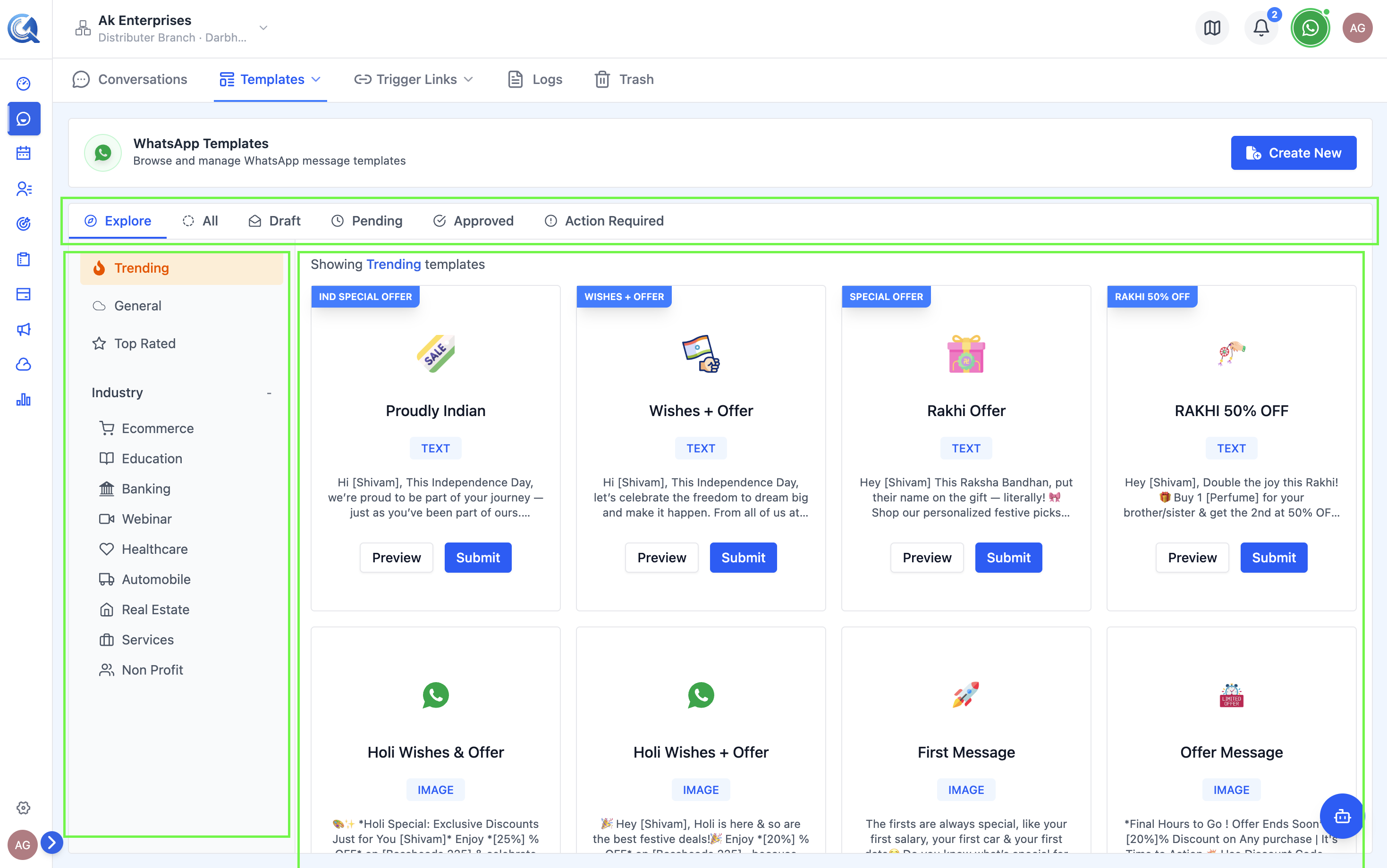 Template list showing all four status tabs: Draft, Pending, Approved, Action Required