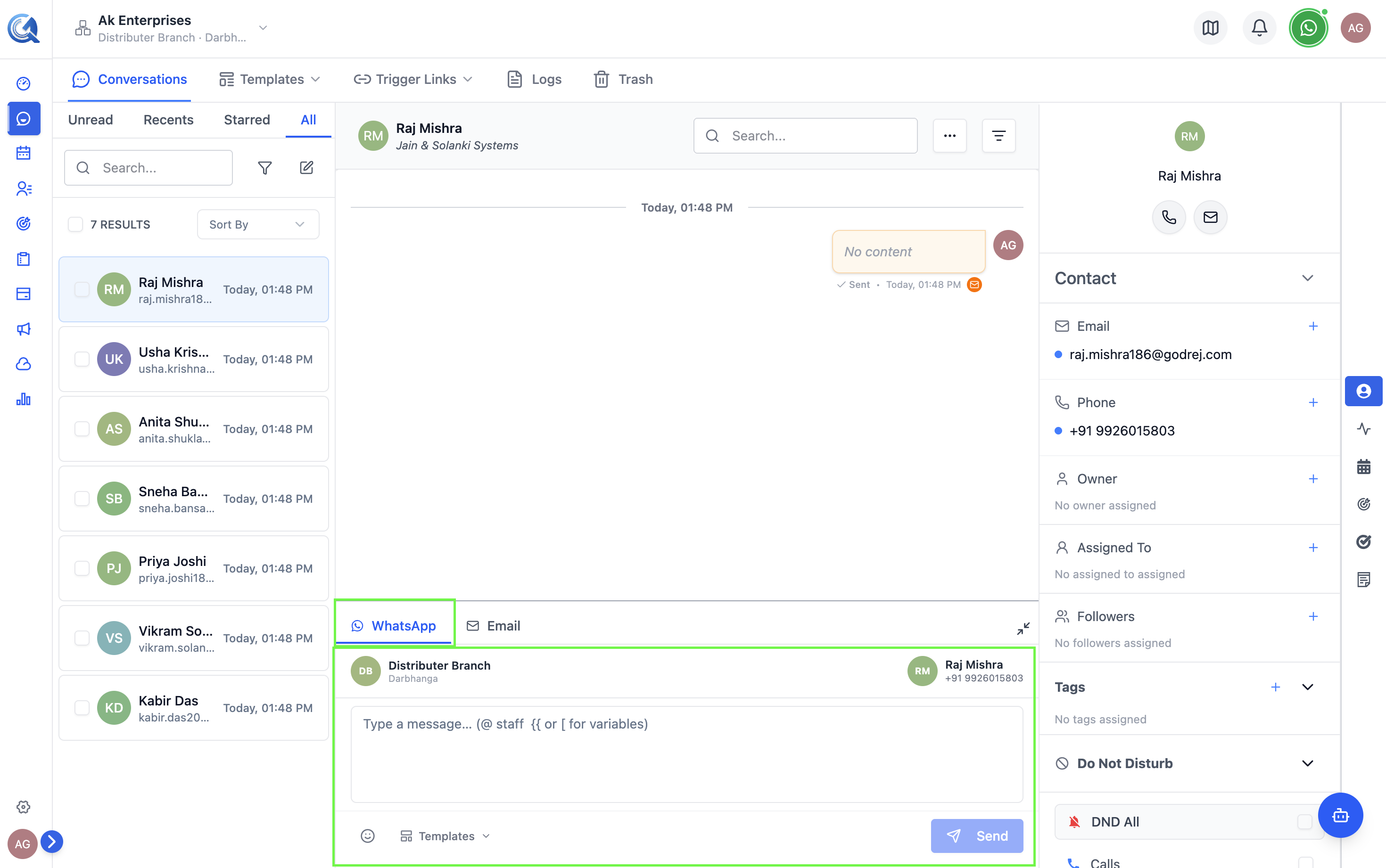 Conversation timeline showing WhatsApp messages alongside other channels