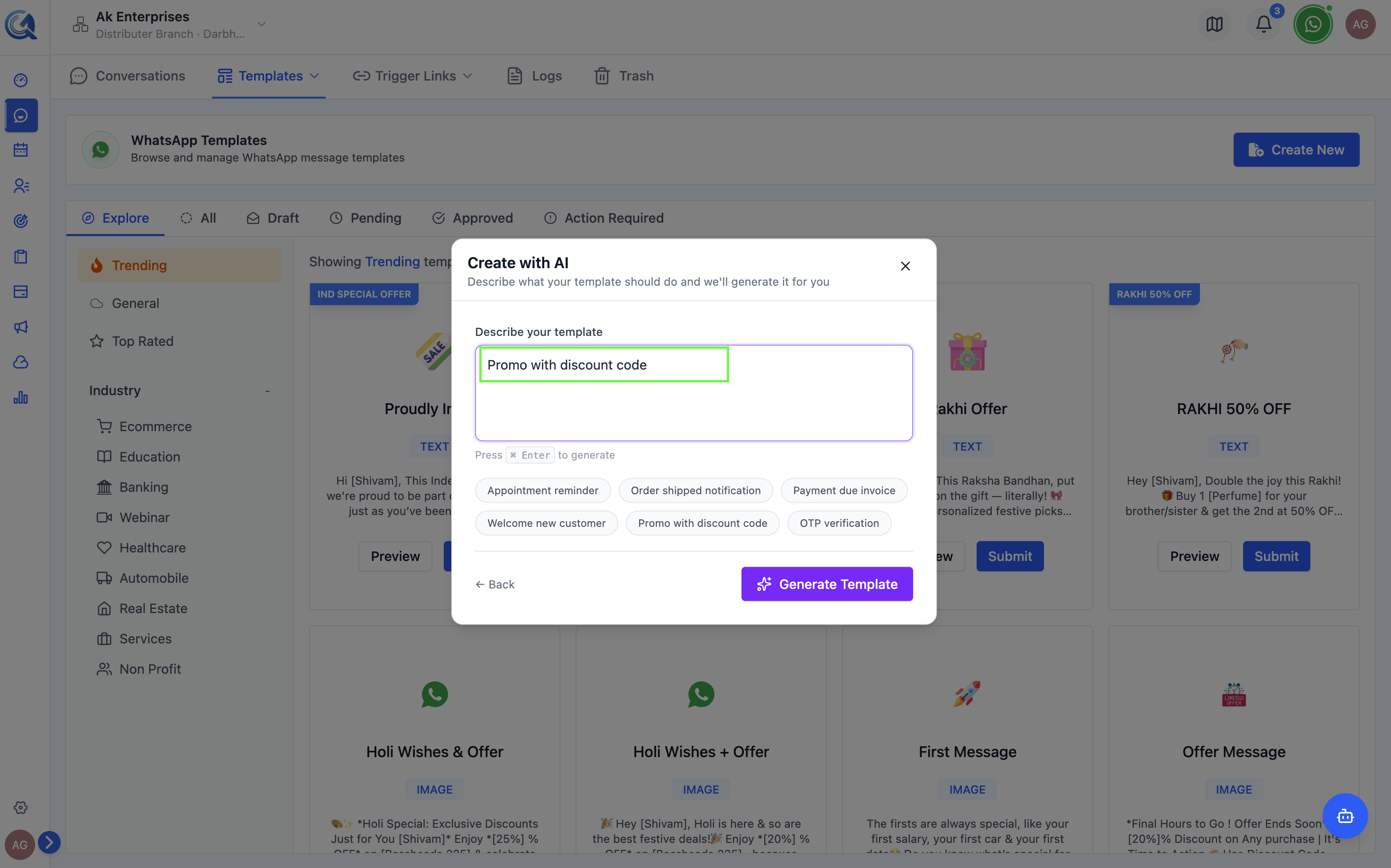 AI generator prompt input with an example description typed in