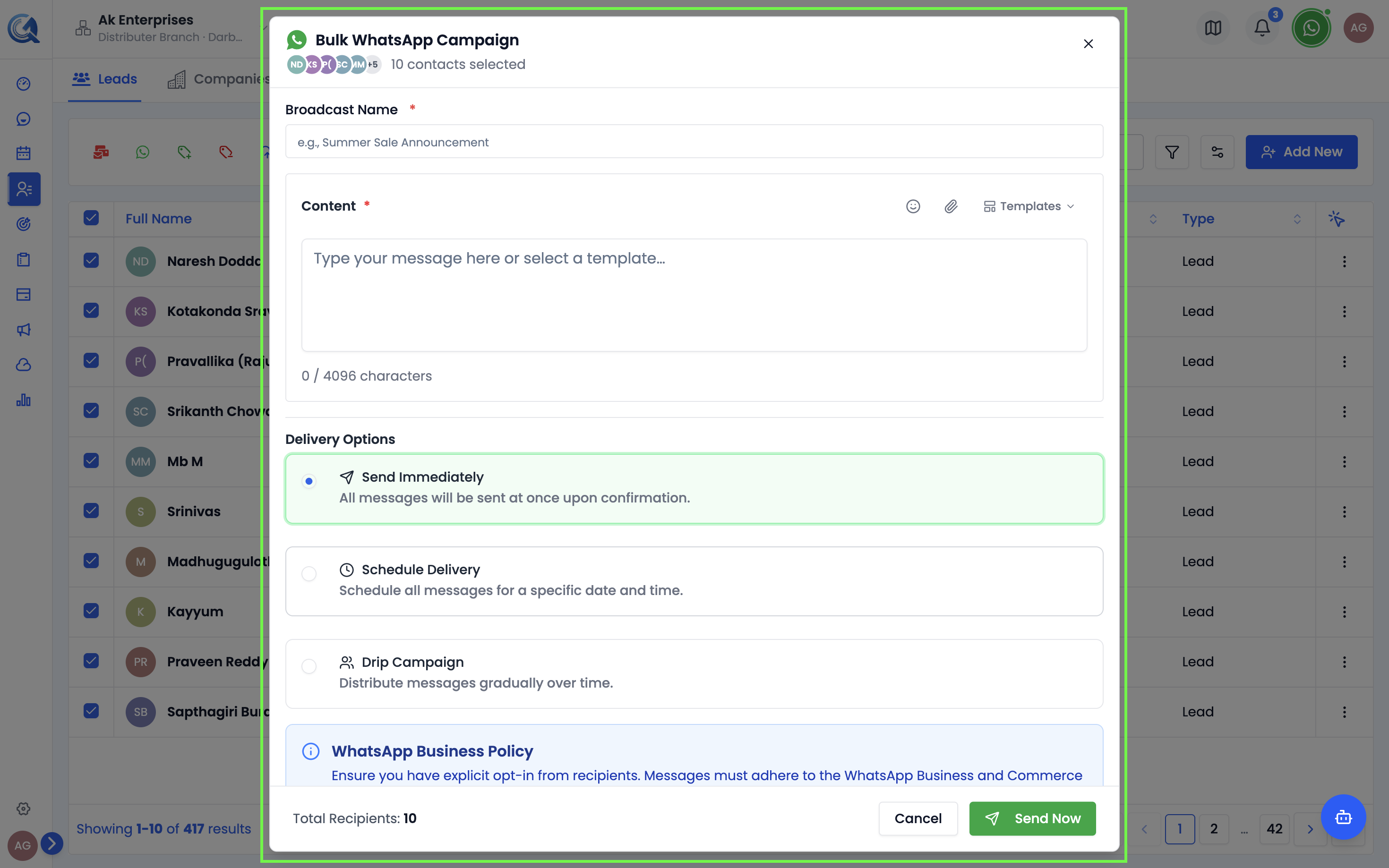 Bulk WhatsApp form with action name, template selector, and variable mapping