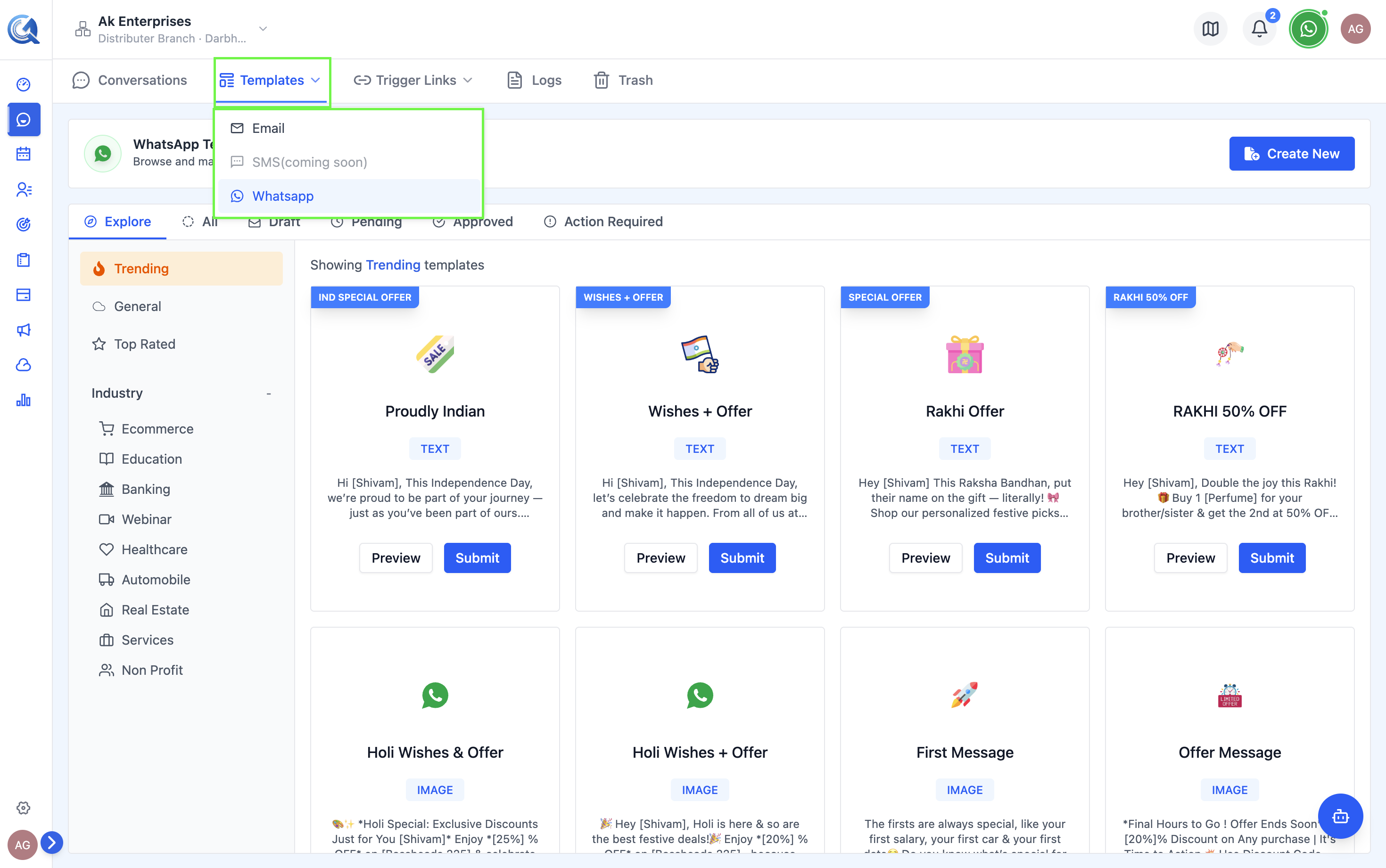 Templates page with the WhatsApp tab selected showing the template list