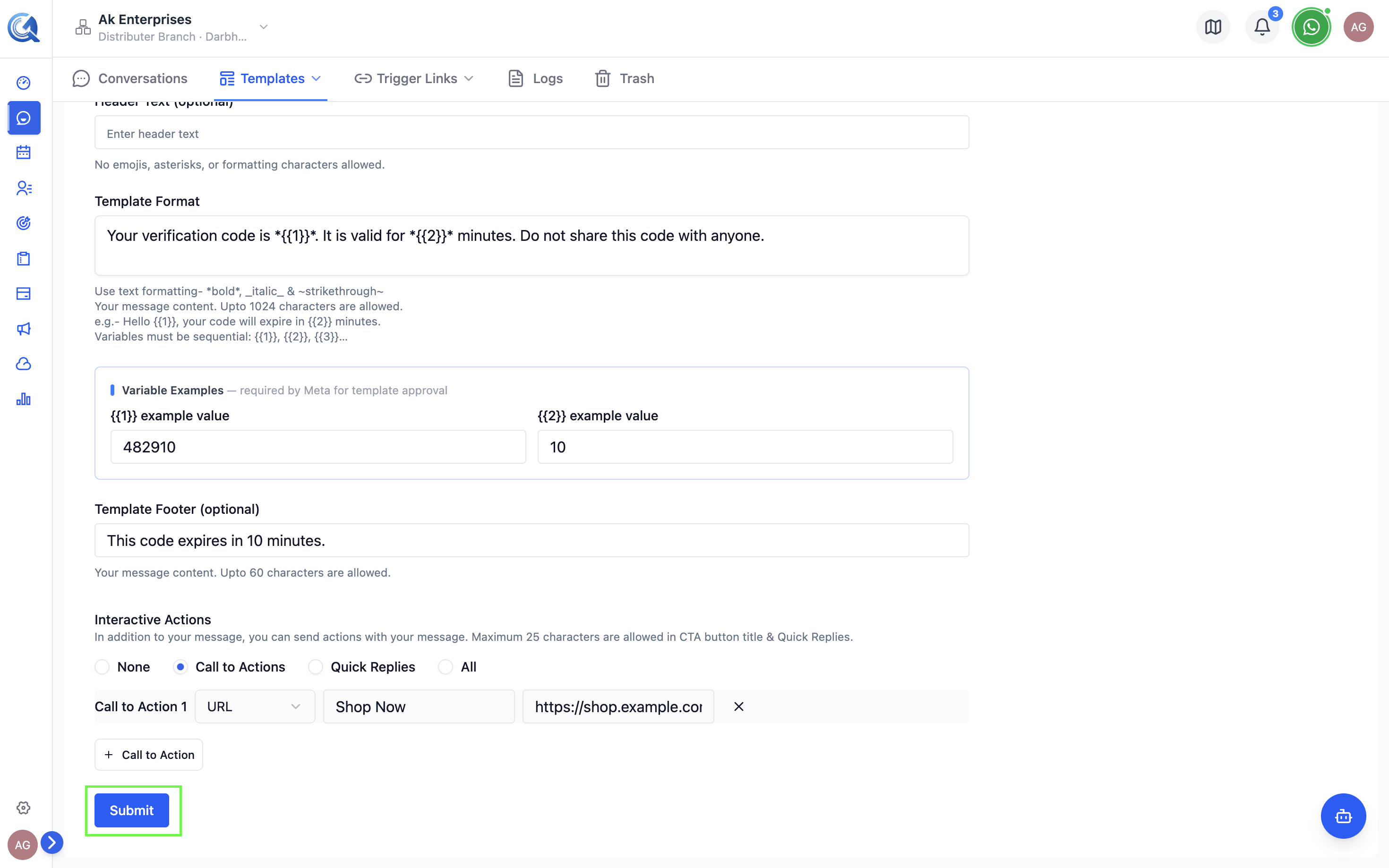 Template form pre-filled by the AI generator with body text and buttons
