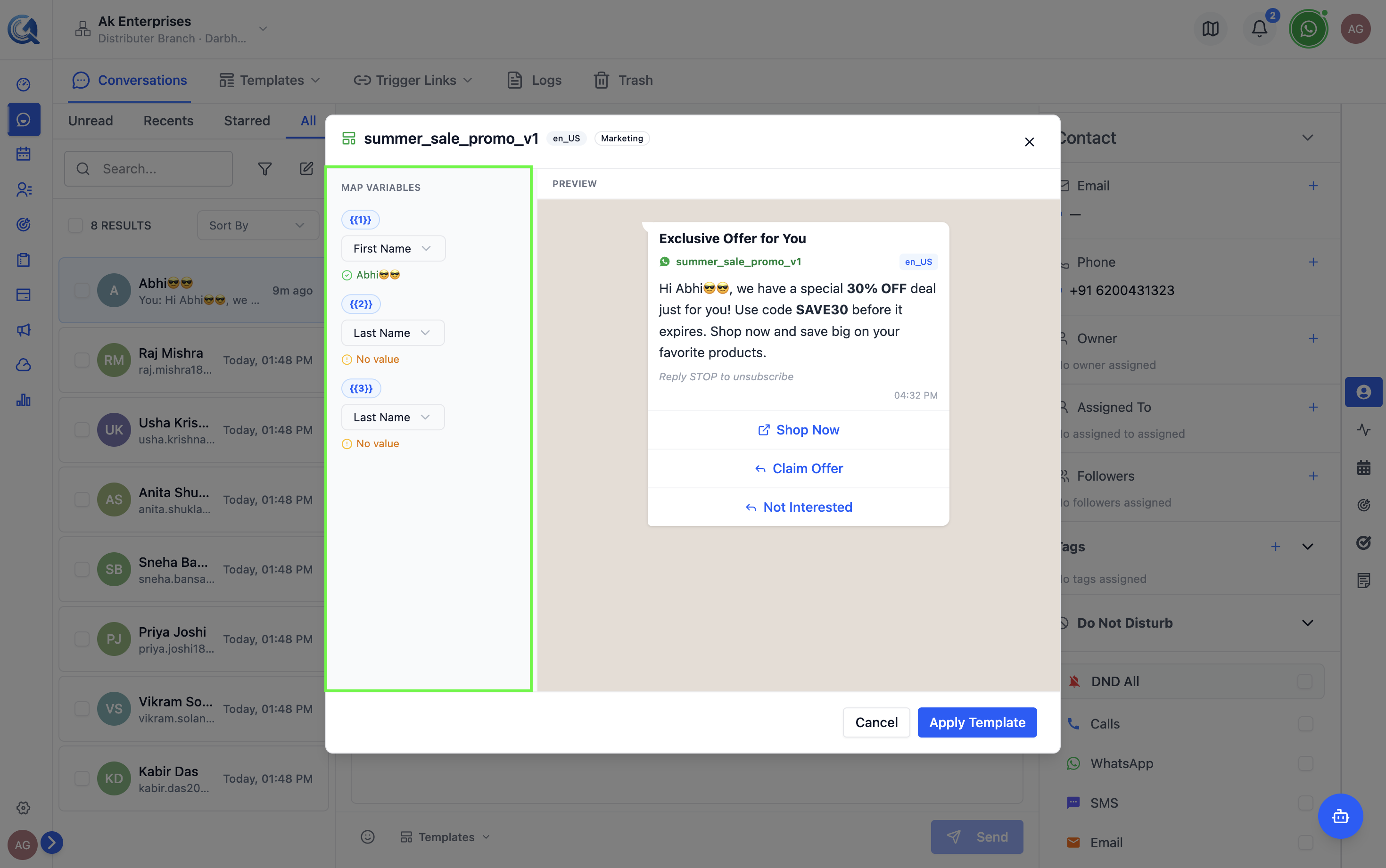 Variable mapping panel showing dropdown selectors for each placeholder