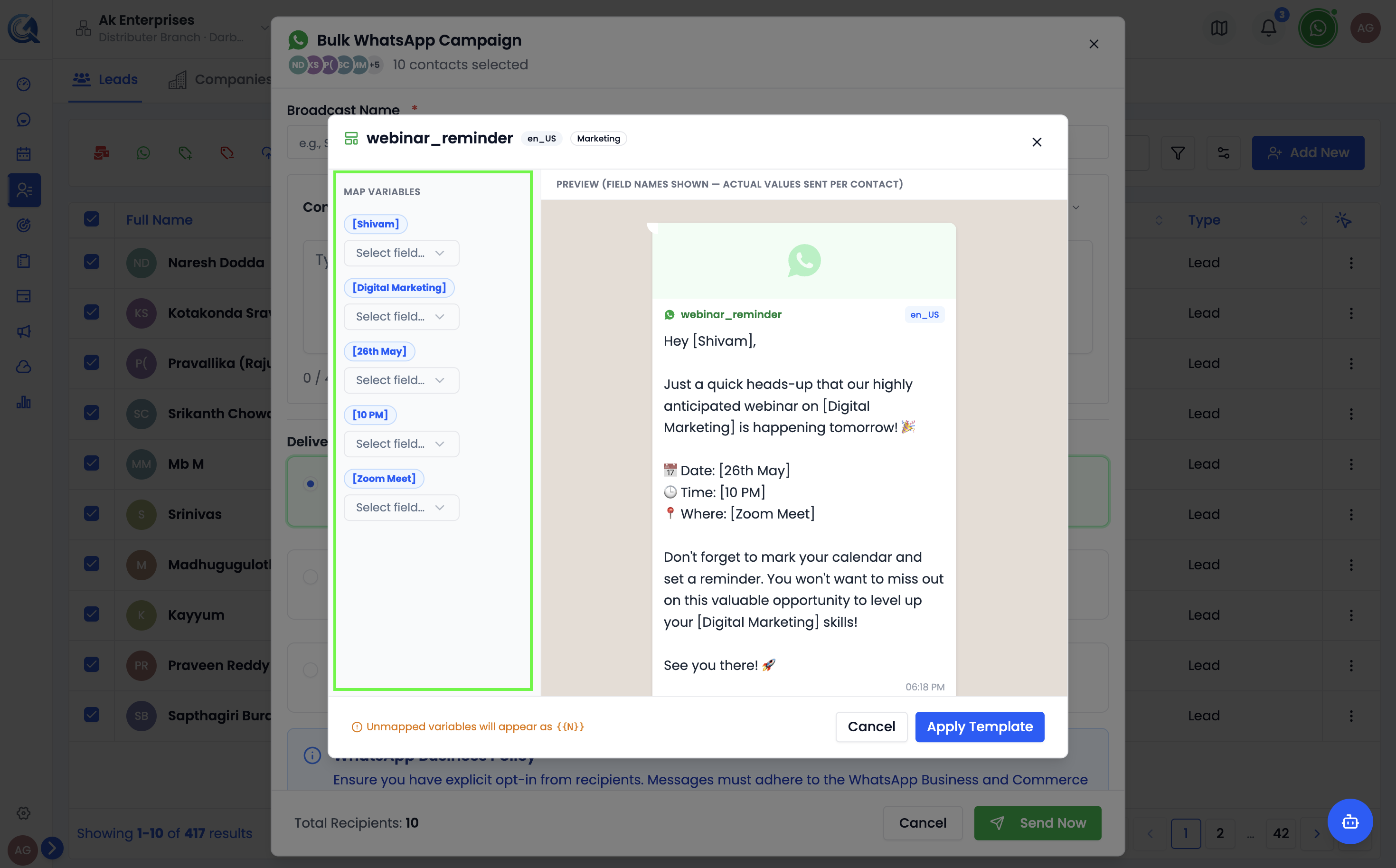 Variable mapping section with contact field dropdowns for each placeholder