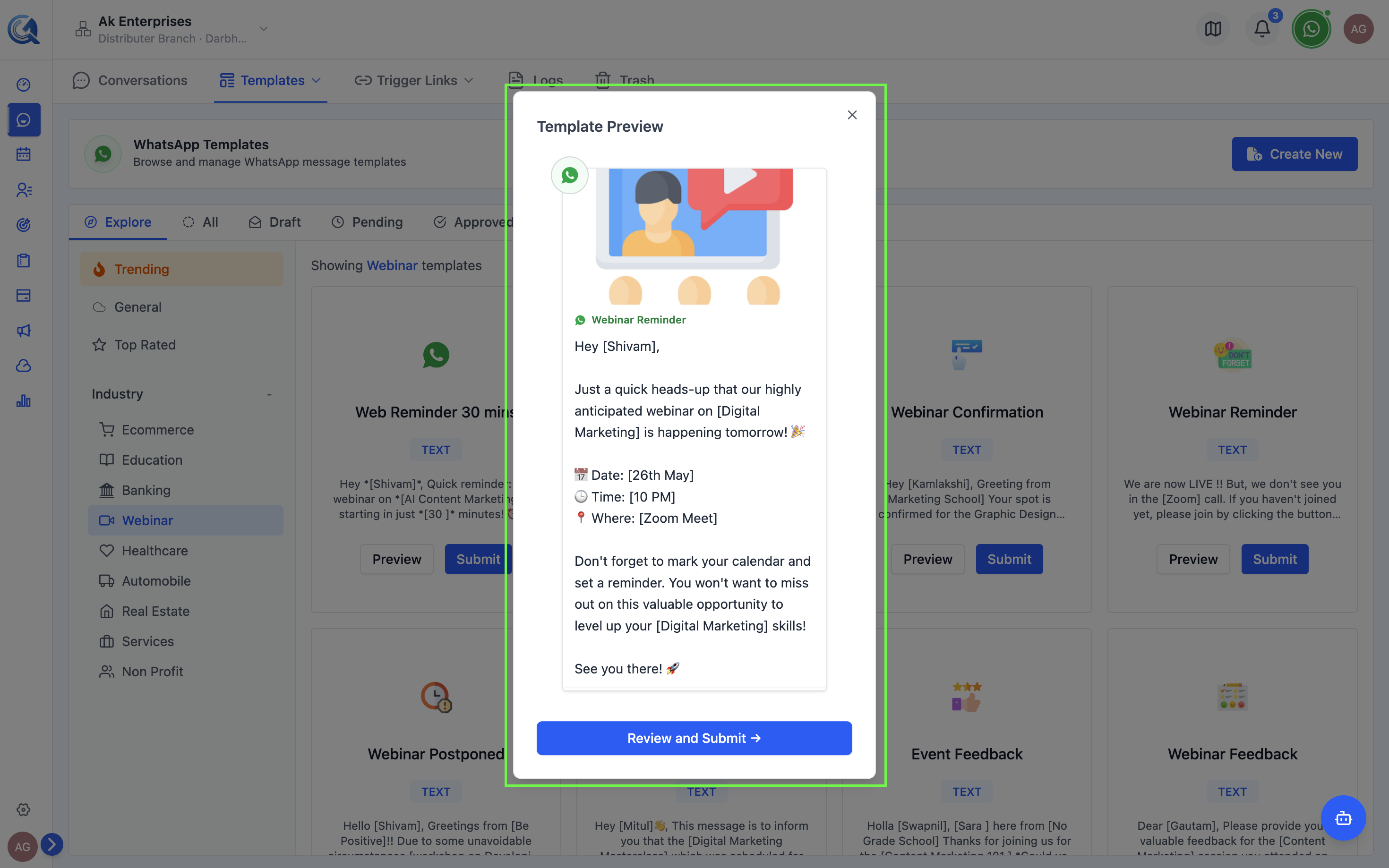 Full WhatsApp bubble preview of a library template in a modal
