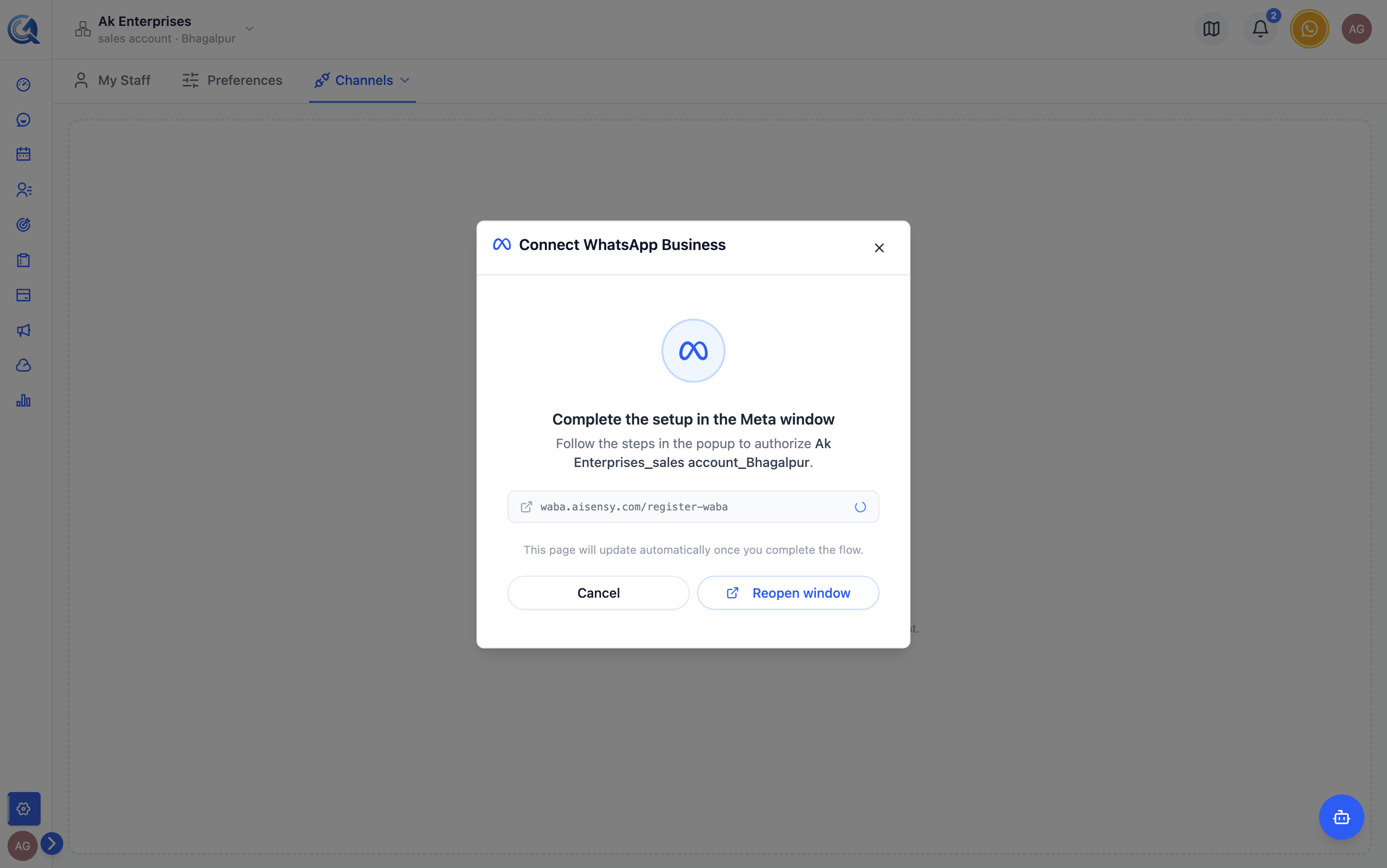 Meta OAuth popup with permissions grant screen