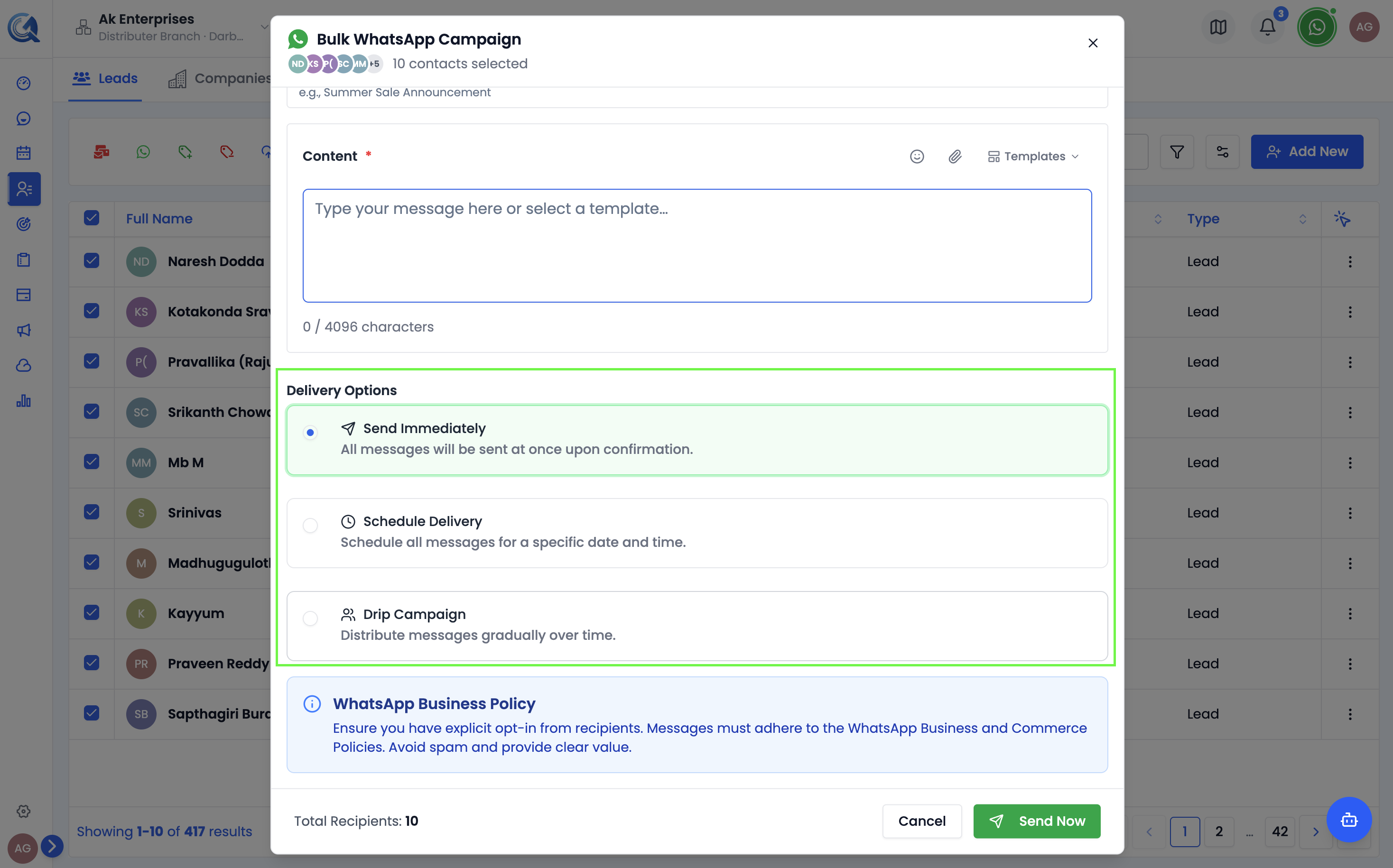 Sending options with At Once, Scheduled, and Drip Campaign radio buttons