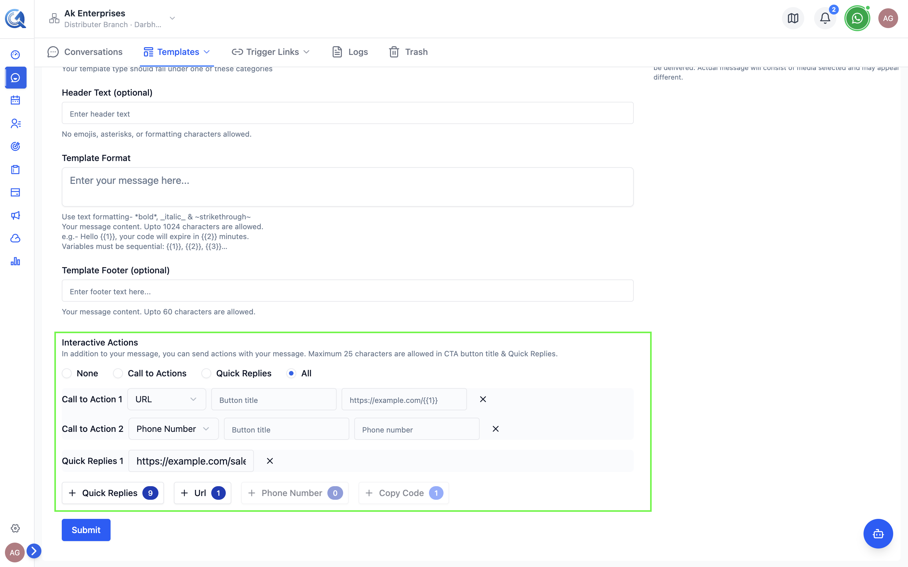 Buttons section with a URL button and two quick reply buttons added
