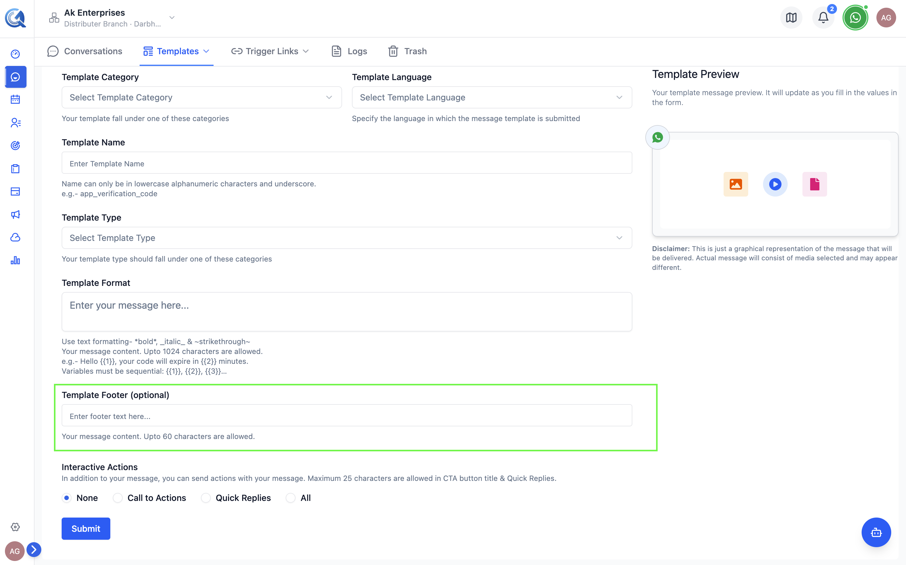 Footer input field with an unsubscribe notice entered